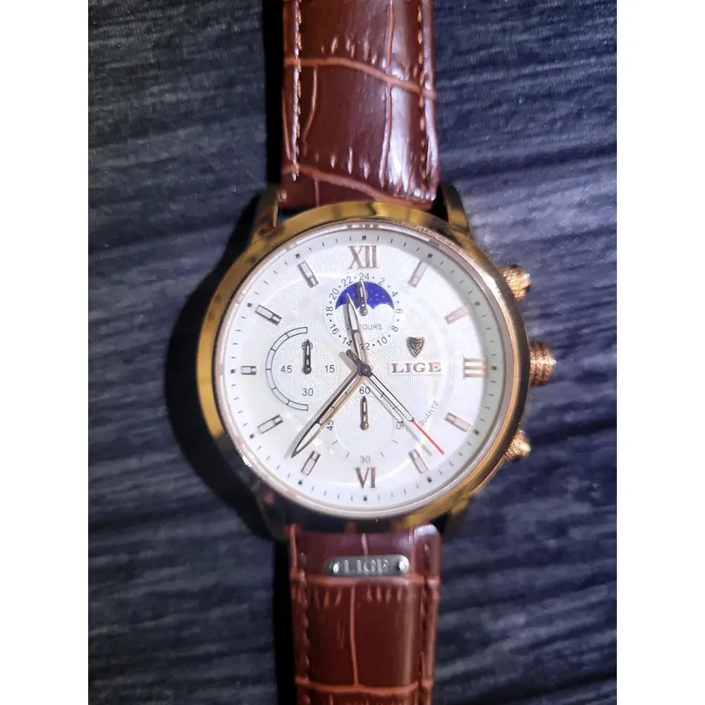 Vintage NOS Lige Mens Chronograph Moon‎ Phase Watch L8932